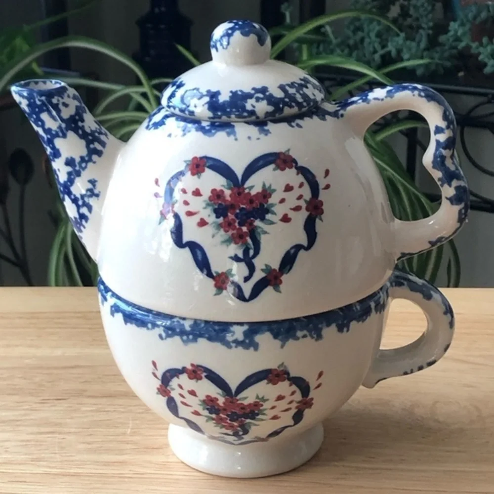 Nantucket Country Hearts Stacking Tea Pot & Cup 16oz Tea for One Vintage Ceramic